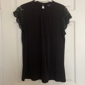 High neck black top with lace cap sleeves